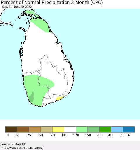 Sri Lanka Percent of Normal Precipitation 3-Month (CPC) Thematic Map For 9/21/2022 - 12/20/2022