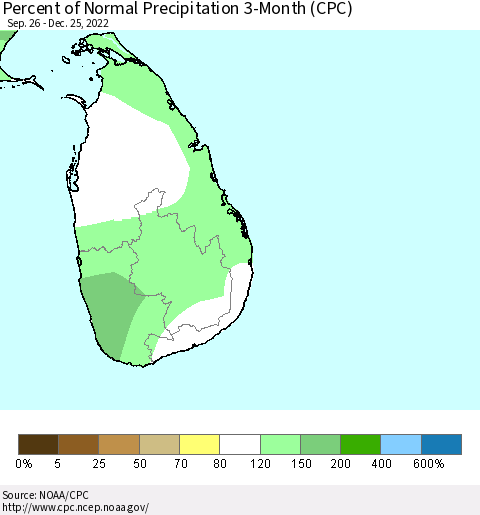 Sri Lanka Percent of Normal Precipitation 3-Month (CPC) Thematic Map For 9/26/2022 - 12/25/2022
