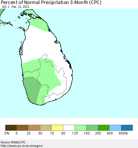 Sri Lanka Percent of Normal Precipitation 3-Month (CPC) Thematic Map For 10/1/2022 - 12/31/2022