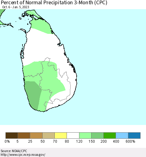 Sri Lanka Percent of Normal Precipitation 3-Month (CPC) Thematic Map For 10/6/2022 - 1/5/2023