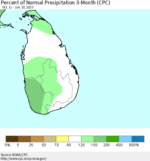 Sri Lanka Percent of Normal Precipitation 3-Month (CPC) Thematic Map For 10/11/2022 - 1/10/2023