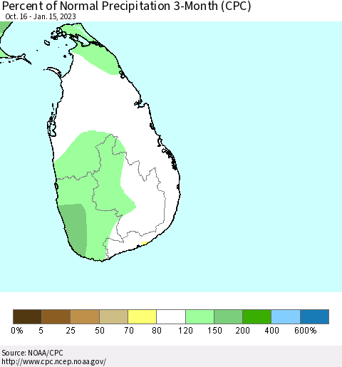 Sri Lanka Percent of Normal Precipitation 3-Month (CPC) Thematic Map For 10/16/2022 - 1/15/2023
