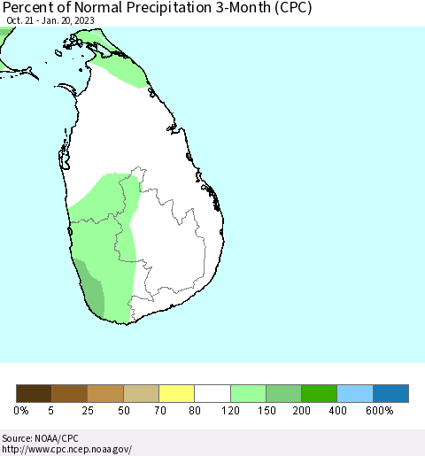 Sri Lanka Percent of Normal Precipitation 3-Month (CPC) Thematic Map For 10/21/2022 - 1/20/2023
