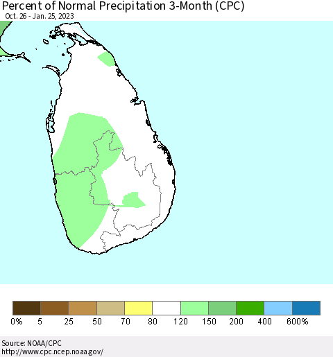 Sri Lanka Percent of Normal Precipitation 3-Month (CPC) Thematic Map For 10/26/2022 - 1/25/2023
