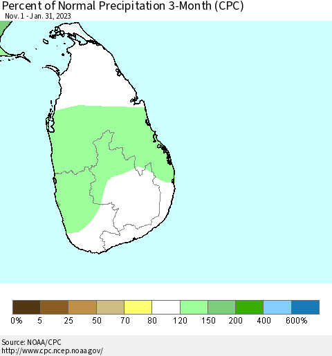 Sri Lanka Percent of Normal Precipitation 3-Month (CPC) Thematic Map For 11/1/2022 - 1/31/2023