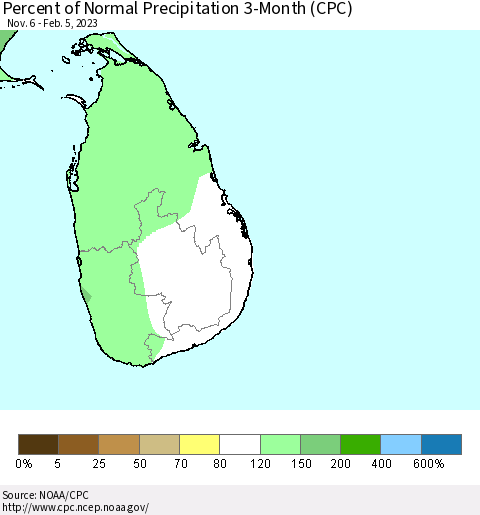 Sri Lanka Percent of Normal Precipitation 3-Month (CPC) Thematic Map For 11/6/2022 - 2/5/2023