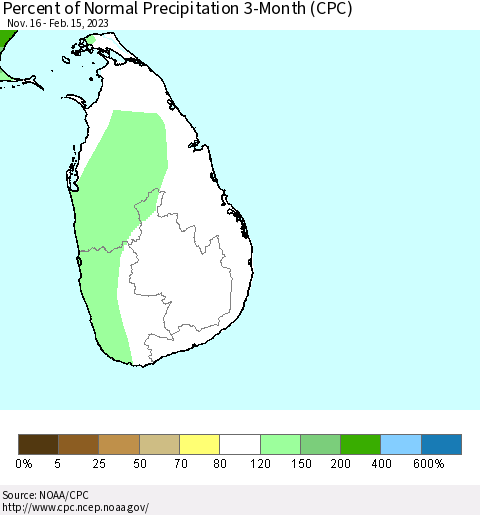 Sri Lanka Percent of Normal Precipitation 3-Month (CPC) Thematic Map For 11/16/2022 - 2/15/2023