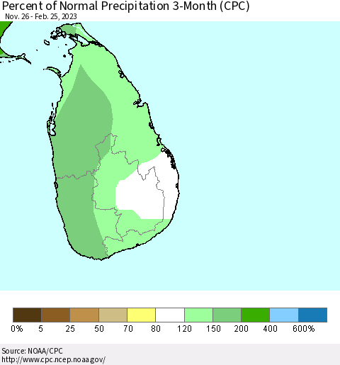 Sri Lanka Percent of Normal Precipitation 3-Month (CPC) Thematic Map For 11/26/2022 - 2/25/2023