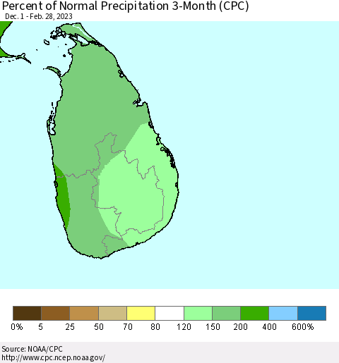 Sri Lanka Percent of Normal Precipitation 3-Month (CPC) Thematic Map For 12/1/2022 - 2/28/2023