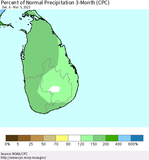 Sri Lanka Percent of Normal Precipitation 3-Month (CPC) Thematic Map For 12/6/2022 - 3/5/2023