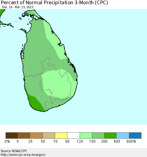 Sri Lanka Percent of Normal Precipitation 3-Month (CPC) Thematic Map For 12/16/2022 - 3/15/2023