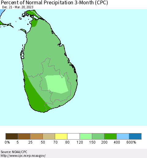 Sri Lanka Percent of Normal Precipitation 3-Month (CPC) Thematic Map For 12/21/2022 - 3/20/2023