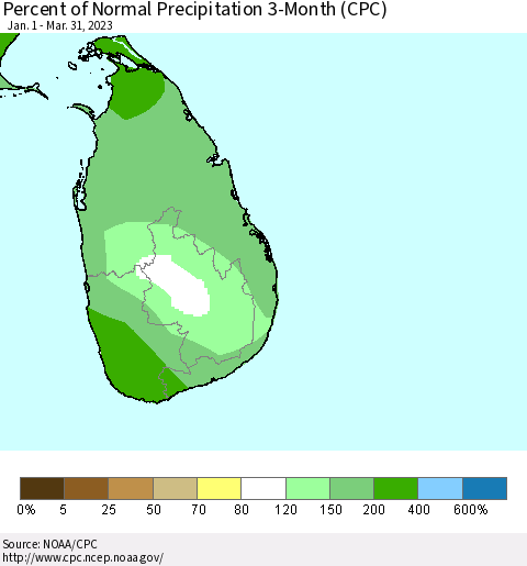 Sri Lanka Percent of Normal Precipitation 3-Month (CPC) Thematic Map For 1/1/2023 - 3/31/2023