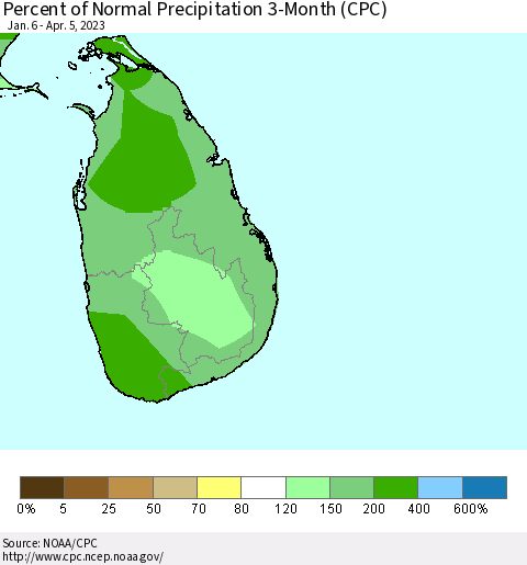 Sri Lanka Percent of Normal Precipitation 3-Month (CPC) Thematic Map For 1/6/2023 - 4/5/2023