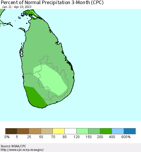 Sri Lanka Percent of Normal Precipitation 3-Month (CPC) Thematic Map For 1/11/2023 - 4/10/2023