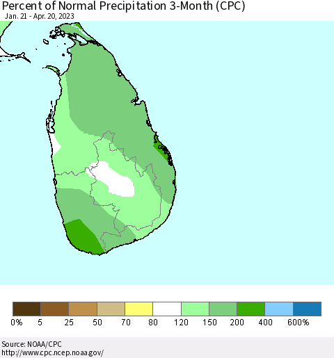 Sri Lanka Percent of Normal Precipitation 3-Month (CPC) Thematic Map For 1/21/2023 - 4/20/2023