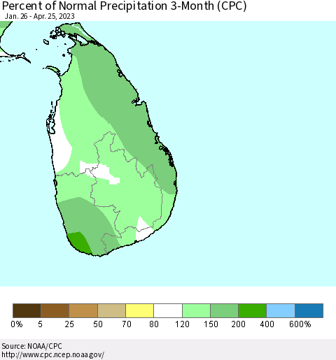 Sri Lanka Percent of Normal Precipitation 3-Month (CPC) Thematic Map For 1/26/2023 - 4/25/2023
