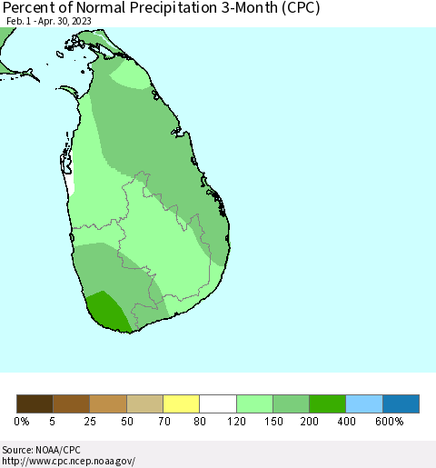 Sri Lanka Percent of Normal Precipitation 3-Month (CPC) Thematic Map For 2/1/2023 - 4/30/2023