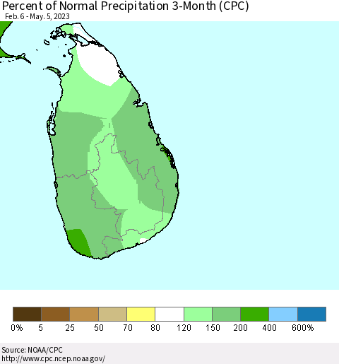 Sri Lanka Percent of Normal Precipitation 3-Month (CPC) Thematic Map For 2/6/2023 - 5/5/2023