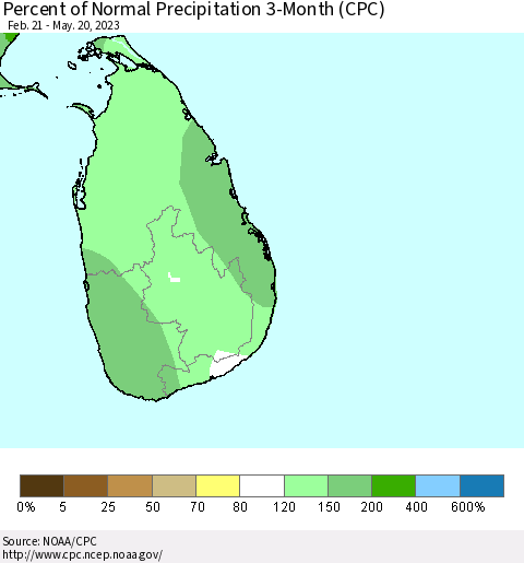 Sri Lanka Percent of Normal Precipitation 3-Month (CPC) Thematic Map For 2/21/2023 - 5/20/2023