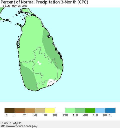 Sri Lanka Percent of Normal Precipitation 3-Month (CPC) Thematic Map For 2/26/2023 - 5/25/2023