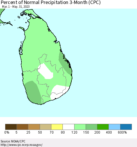 Sri Lanka Percent of Normal Precipitation 3-Month (CPC) Thematic Map For 3/1/2023 - 5/31/2023