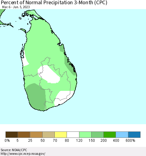 Sri Lanka Percent of Normal Precipitation 3-Month (CPC) Thematic Map For 3/6/2023 - 6/5/2023