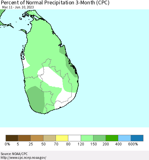 Sri Lanka Percent of Normal Precipitation 3-Month (CPC) Thematic Map For 3/11/2023 - 6/10/2023