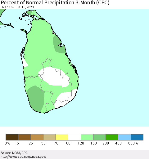 Sri Lanka Percent of Normal Precipitation 3-Month (CPC) Thematic Map For 3/16/2023 - 6/15/2023