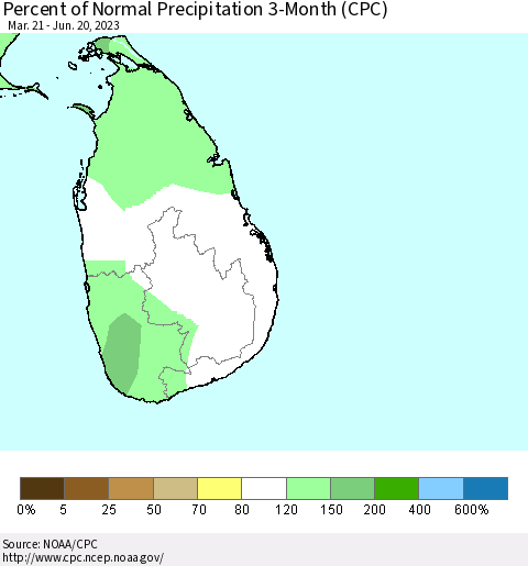 Sri Lanka Percent of Normal Precipitation 3-Month (CPC) Thematic Map For 3/21/2023 - 6/20/2023