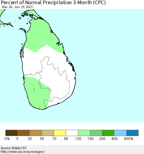 Sri Lanka Percent of Normal Precipitation 3-Month (CPC) Thematic Map For 3/26/2023 - 6/25/2023