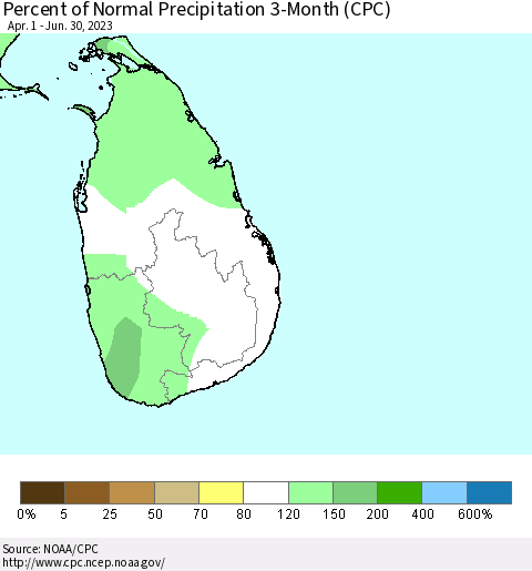 Sri Lanka Percent of Normal Precipitation 3-Month (CPC) Thematic Map For 4/1/2023 - 6/30/2023