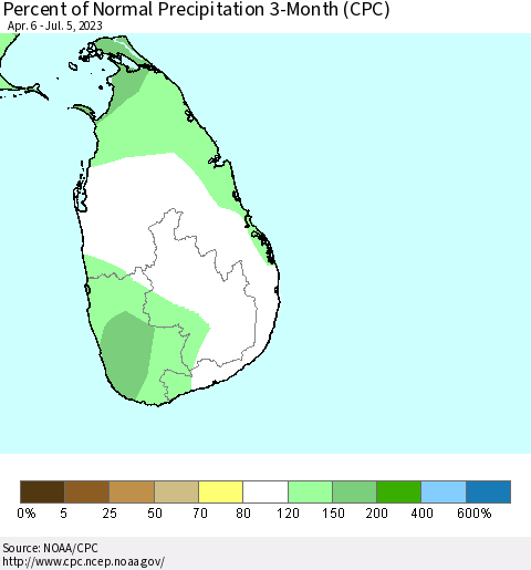 Sri Lanka Percent of Normal Precipitation 3-Month (CPC) Thematic Map For 4/6/2023 - 7/5/2023