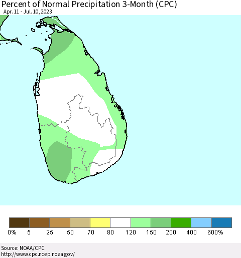Sri Lanka Percent of Normal Precipitation 3-Month (CPC) Thematic Map For 4/11/2023 - 7/10/2023
