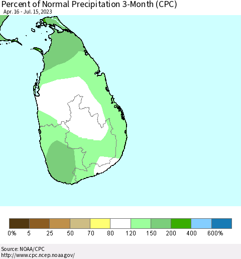 Sri Lanka Percent of Normal Precipitation 3-Month (CPC) Thematic Map For 4/16/2023 - 7/15/2023