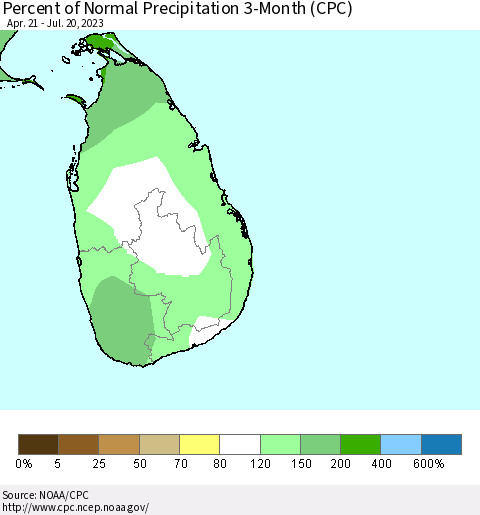 Sri Lanka Percent of Normal Precipitation 3-Month (CPC) Thematic Map For 4/21/2023 - 7/20/2023