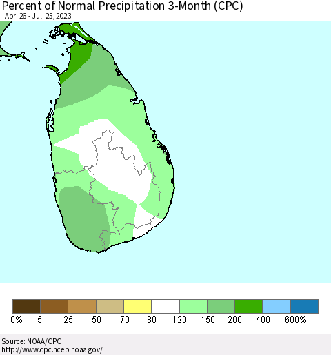 Sri Lanka Percent of Normal Precipitation 3-Month (CPC) Thematic Map For 4/26/2023 - 7/25/2023