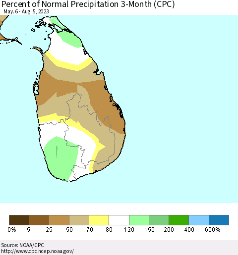 Sri Lanka Percent of Normal Precipitation 3-Month (CPC) Thematic Map For 5/6/2023 - 8/5/2023