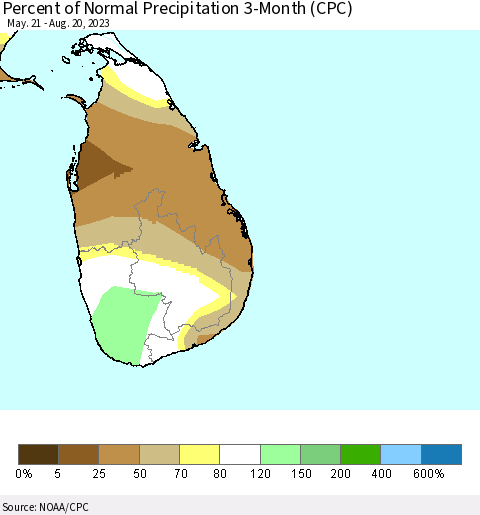 Sri Lanka Percent of Normal Precipitation 3-Month (CPC) Thematic Map For 5/21/2023 - 8/20/2023