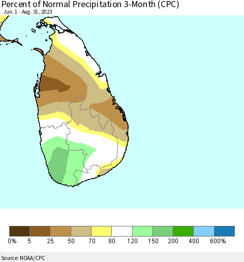 Sri Lanka Percent of Normal Precipitation 3-Month (CPC) Thematic Map For 6/1/2023 - 8/31/2023