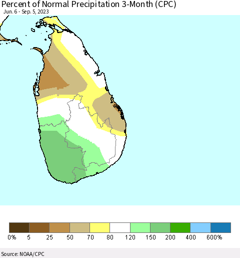 Sri Lanka Percent of Normal Precipitation 3-Month (CPC) Thematic Map For 6/6/2023 - 9/5/2023
