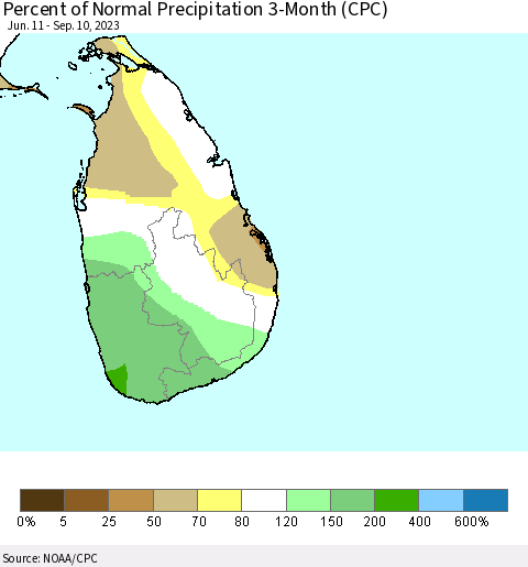 Sri Lanka Percent of Normal Precipitation 3-Month (CPC) Thematic Map For 6/11/2023 - 9/10/2023