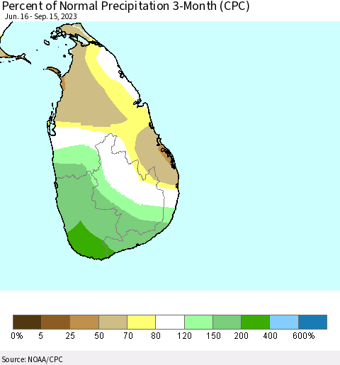 Sri Lanka Percent of Normal Precipitation 3-Month (CPC) Thematic Map For 6/16/2023 - 9/15/2023
