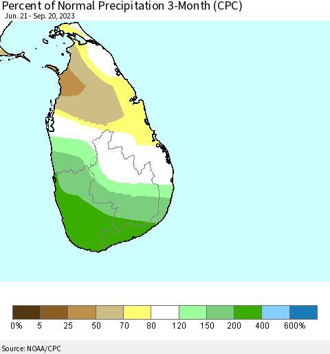 Sri Lanka Percent of Normal Precipitation 3-Month (CPC) Thematic Map For 6/21/2023 - 9/20/2023