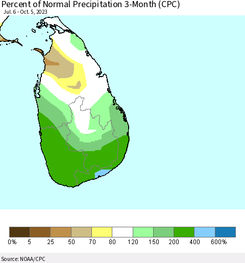 Sri Lanka Percent of Normal Precipitation 3-Month (CPC) Thematic Map For 7/6/2023 - 10/5/2023