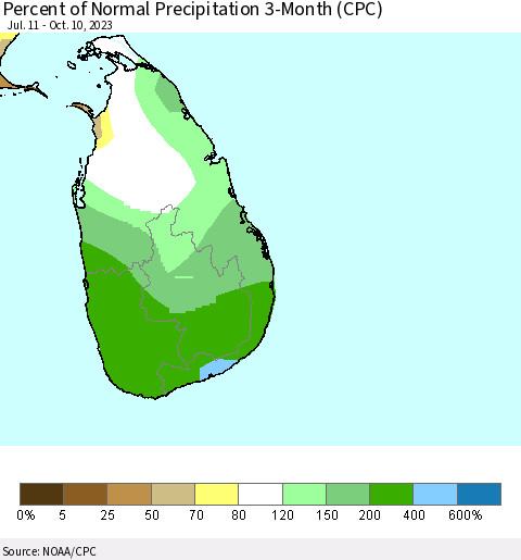Sri Lanka Percent of Normal Precipitation 3-Month (CPC) Thematic Map For 7/11/2023 - 10/10/2023