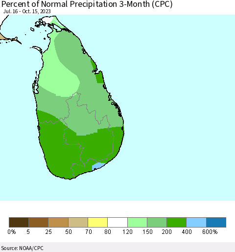 Sri Lanka Percent of Normal Precipitation 3-Month (CPC) Thematic Map For 7/16/2023 - 10/15/2023