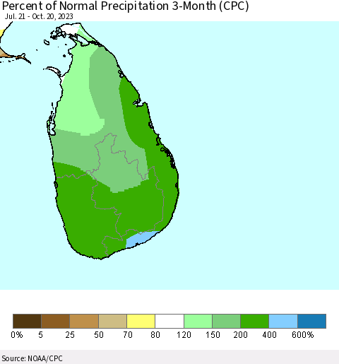 Sri Lanka Percent of Normal Precipitation 3-Month (CPC) Thematic Map For 7/21/2023 - 10/20/2023