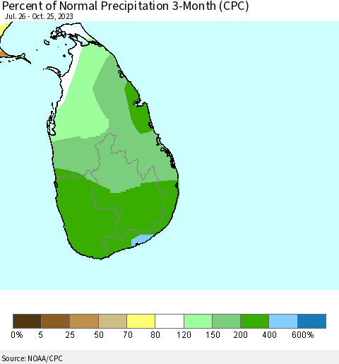 Sri Lanka Percent of Normal Precipitation 3-Month (CPC) Thematic Map For 7/26/2023 - 10/25/2023