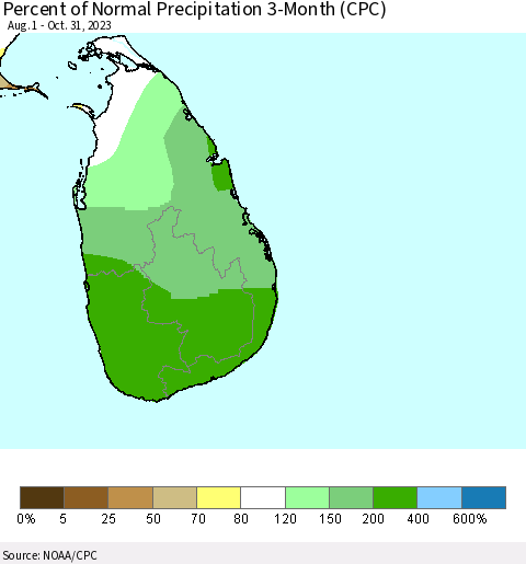 Sri Lanka Percent of Normal Precipitation 3-Month (CPC) Thematic Map For 8/1/2023 - 10/31/2023
